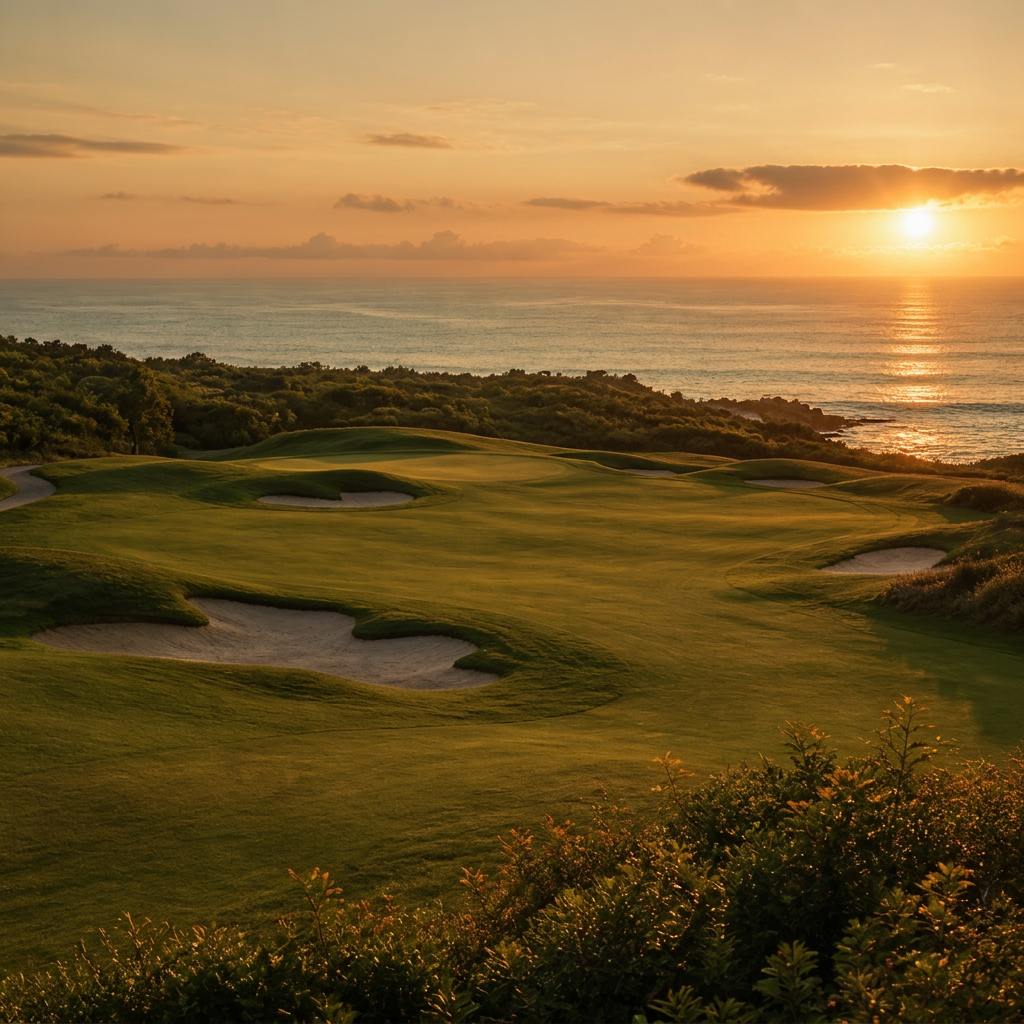 Golf course and ocean at sunset from Balangan, Bukit Peninsula, Bali — New Kuta Golf view