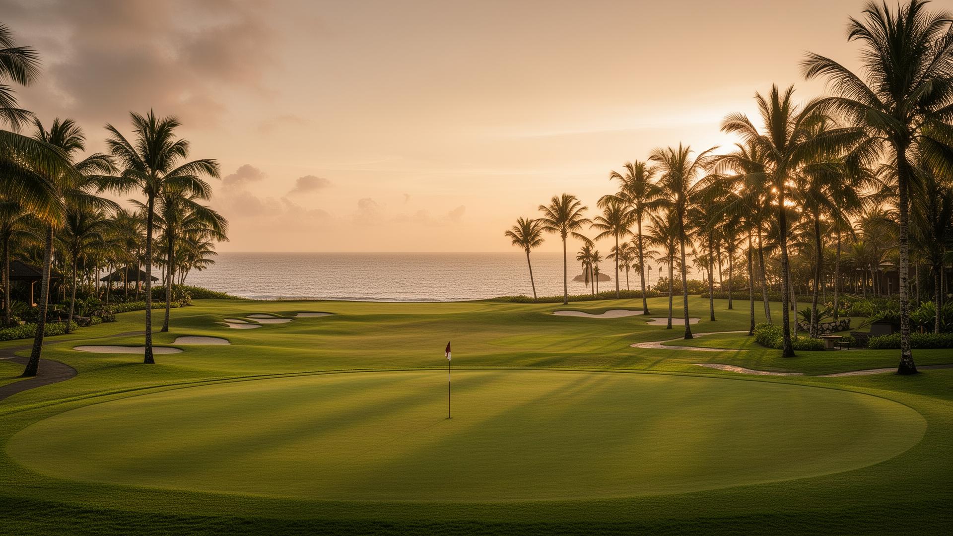 Panoramic view of New Kuta Golf course with ocean in the background at sunset