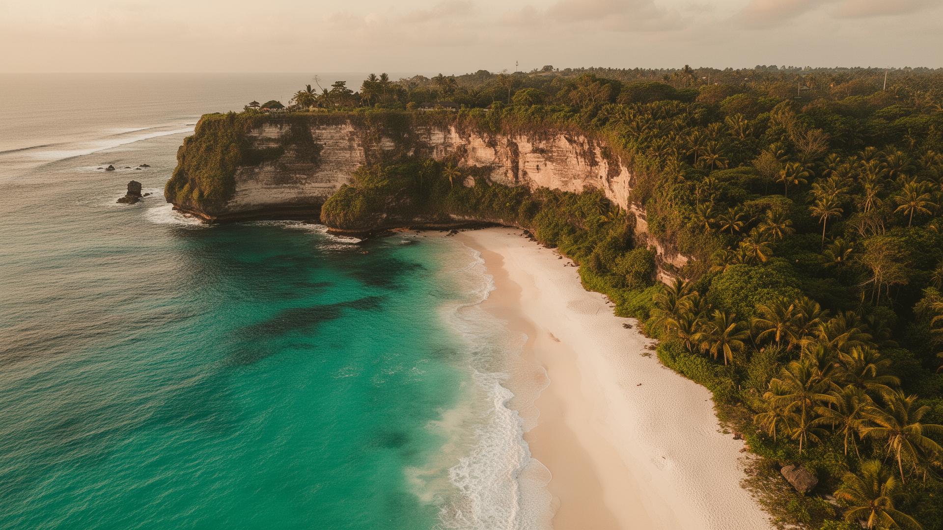Aerial view of Balangan Beach with turquoise waters and dramatic cliffs in Bali