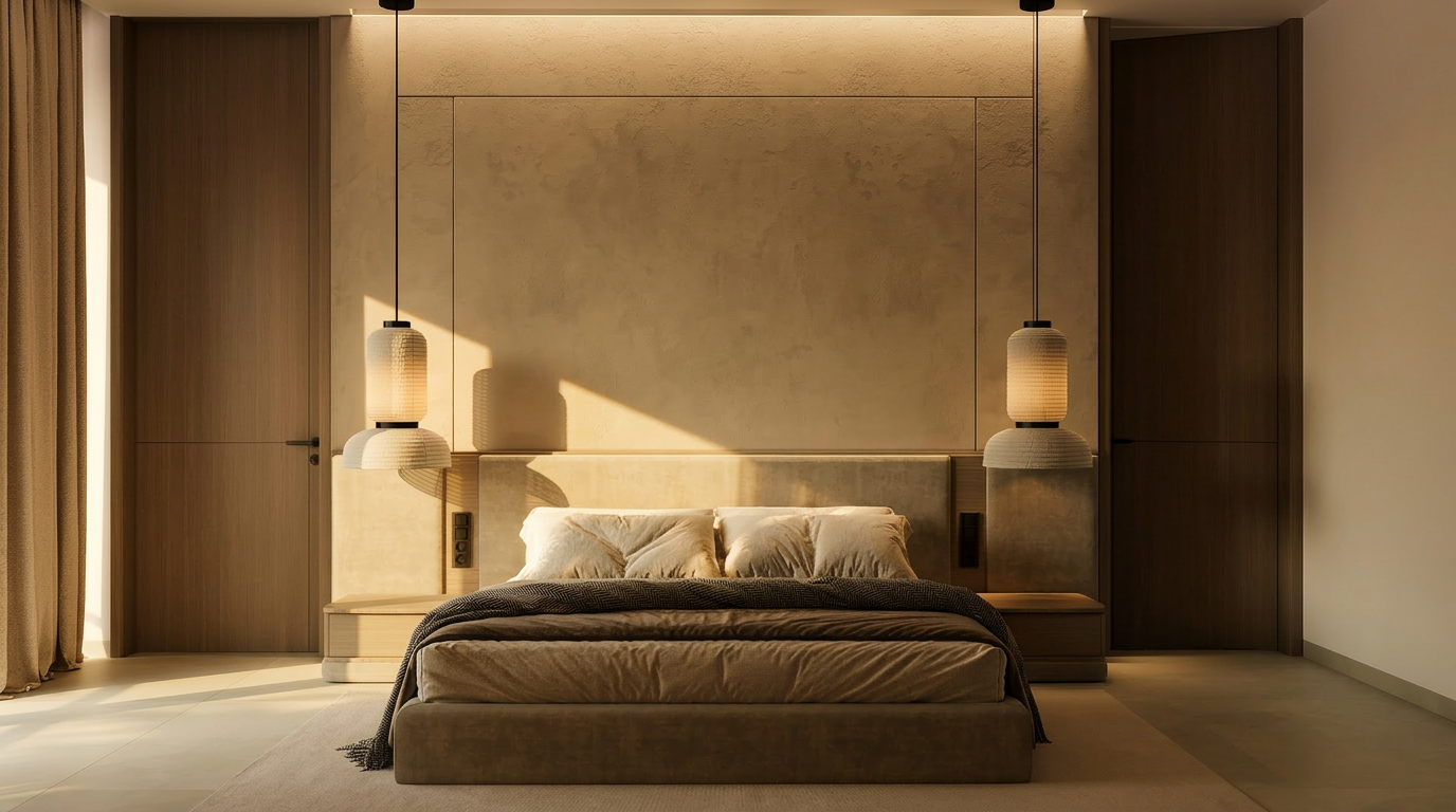 Premium master bedroom suite with natural stone and timber materials