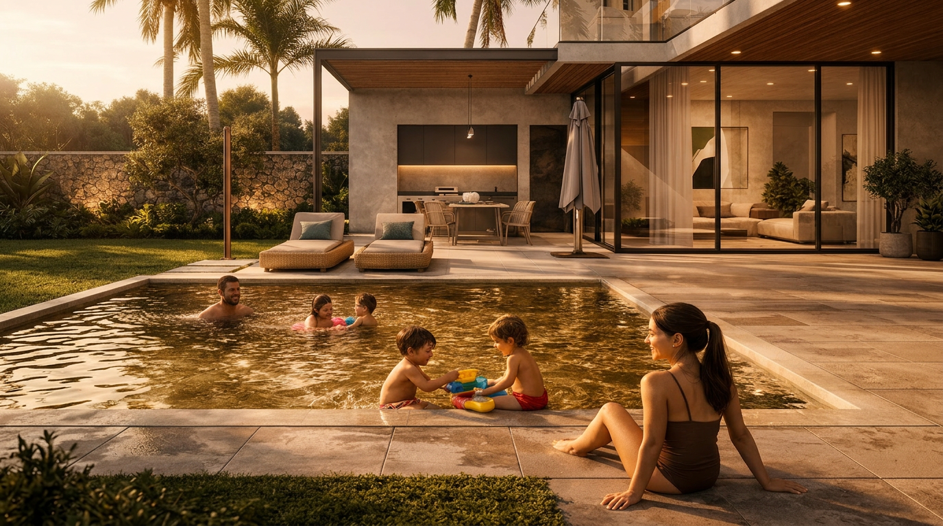 Family afternoon by the villa pool with tropical garden